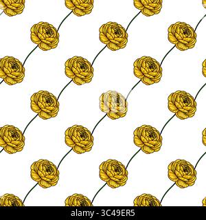 A vector seamless pattern featuring yellow roses with intricate detailing on a white background. The roses are arranged in a diagonal layout, showcasi Stock Vector