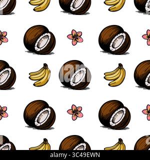 A vector seamless pattern featuring coconuts, bananas, and pink flowers plumeria on a white background. The coconuts are halved, showing the white fle Stock Vector
