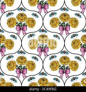 A vector seamless pattern featuring yellow roses with green leaves, pink bows, and small blue bees on a white background. The design is elegant and fl Stock Vector