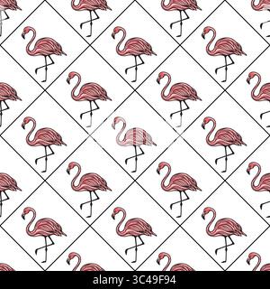 A vector seamless pattern featuring stylized pink flamingos on a white background. The flamingos are illustrated in a linear style, arranged in a diam Stock Vector