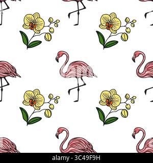 A vector seamless pattern featuring pink flamingos and yellow orchids on a white background. The flamingos are depicted in various poses, while the or Stock Vector