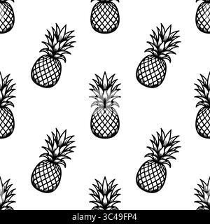 A vector seamless pattern featuring hand-drawn pineapples on a white background. The pineapples are outlined in black, showcasing their distinctive sh Stock Vector