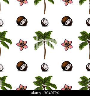 A vector seamless pattern featuring palm trees, coconuts, and pink flowers on a white background. The design is tropical and vibrant, perfect for summ Stock Vector