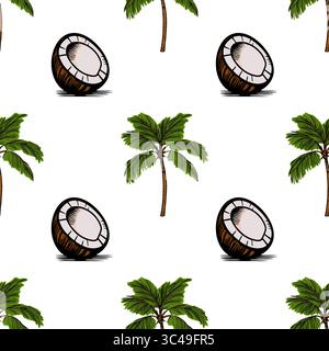 A vector seamless pattern featuring coconut halves and palm trees on a white background. The coconuts are illustrated with a brown shell and white int Stock Vector