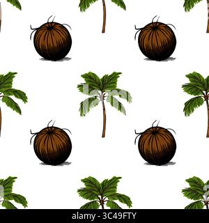 A vector seamless pattern featuring stylized coconut trees and coconuts. The design includes green palm leaves and brown coconuts against a white back Stock Vector