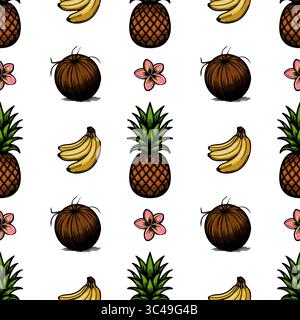 A vector seamless pattern featuring pineapples, bananas, coconuts, and pink flowers plumeria on a white background. The design is vibrant and tropical Stock Vector