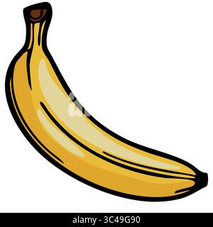 A vector vibrant, cartoon-style illustration of a ripe banana with a smooth yellow peel and a slight curve. Stock Vector