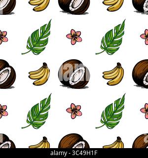 A vector seamless pattern featuring hand-drawn illustrations of coconuts, bananas, tropical leaves, and pink flowers plumeria on a white background. Stock Vector