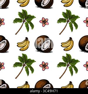 A vector seamless tropical pattern featuring coconut halves, bananas, palm trees, and pink flowers plumeria on a white background. Stock Vector