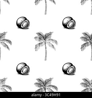 A vector seamless pattern featuring hand-drawn coconut halves and palm trees on a white background. The design is simple and tropical, ideal for summe Stock Vector