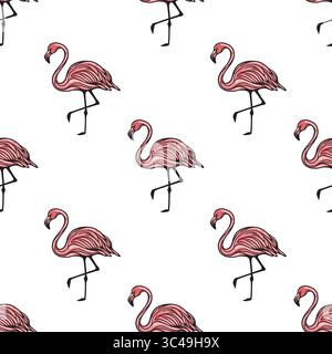 A vector seamless pattern featuring hand-drawn flamingos in pink and black on a white background. The flamingos are depicted in various poses, showcas Stock Vector