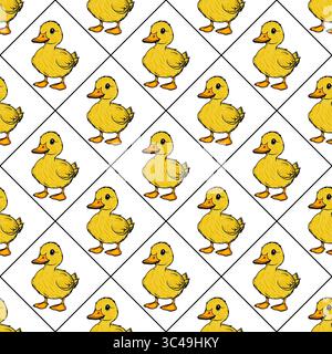 A vector repeating pattern of cute yellow ducklings on a white background, arranged in a diamond layout. Each duckling is cartoonish with a fluffy tex Stock Vector