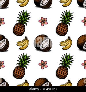 A vector seamless pattern featuring tropical fruits including pineapples, bananas, and coconuts, along with pink flowers plumeria. The design is color Stock Vector