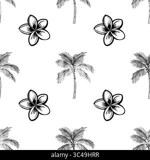 A vector seamless pattern featuring hand-drawn palm trees and plumeria flowers on a white background, creating a tropical and summery vibe. Stock Vector