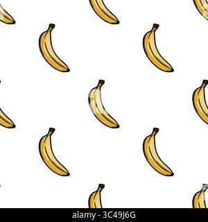 A vector seamless pattern featuring multiple yellow bananas on a white background. The bananas are illustrated in a playful and cartoonish style, even Stock Vector