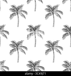 A vector seamless pattern featuring hand-drawn palm trees on a white background. The palm trees are intricately detailed with long, slender trunks and Stock Vector