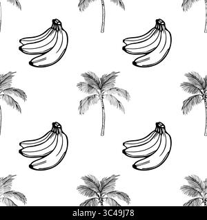 A vector seamless pattern featuring hand-drawn bananas and palm trees on a white background. The design is simple and tropical, perfect for summer-the Stock Vector