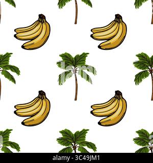 A vector seamless pattern featuring illustrations of bananas and palm trees on a white background. The bananas are depicted in clusters, while the pal Stock Vector