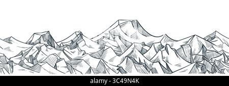 Seamless horizontal background with mountains peak. Vector hand drawn sketch landscape illustration. Design element for travel, nature, adventure, pac Stock Vector