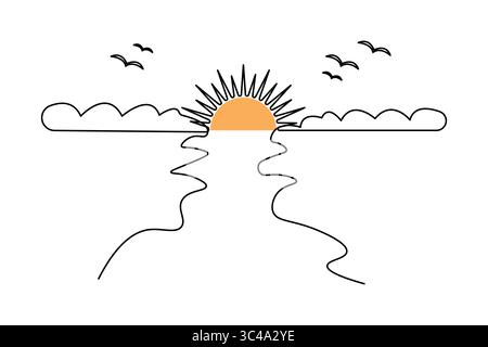 Continuous line drawing sunset icon modern minimalist outline style Stock Vector