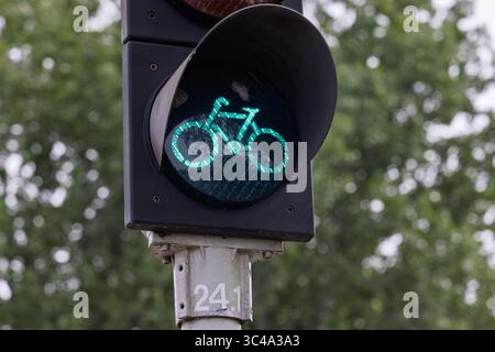 A close-up of a bicycle traffic light displaying a vibrant green bicycle symbol, indicating "go" for cyclists amidst a blurred natural background. Stock Photo