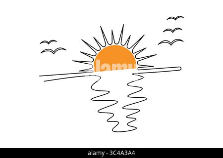 Minimalist sunset icon one line art simple outline isolated design Stock Vector