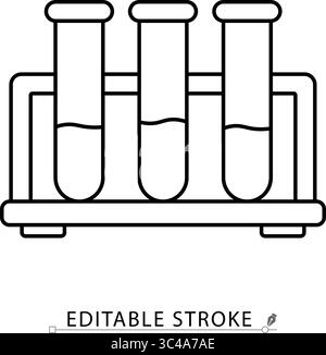Test tubes rack icon in editable stroke. Outline vector of three laboratory test tubes in holder. Chemical glassware for experiments, diagnostics, and Stock Vector