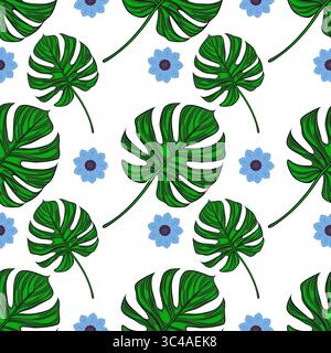 A vector seamless pattern featuring large green monstera leaves and blue flowers on a white background. The design is vibrant and tropical, perfect fo Stock Vector