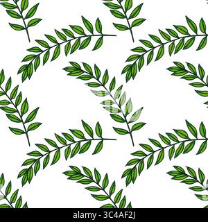A vector seamless pattern featuring green leaves on a white background, showcasing various branches with multiple leaflets. Stock Vector