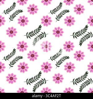 A vector seamless pattern featuring pink flowers and green leaves on a white background. The flowers have a simple design with a dark center and petal Stock Vector