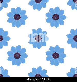 A vector seamless pattern featuring stylized blue flowers with dark centers on a white background. The design is cheerful and vibrant, suitable for te Stock Vector