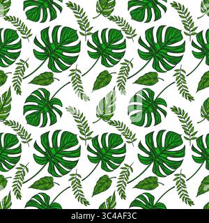 A vector seamless pattern featuring various green tropical leaves on a white background. The design includes large monstera leaves, smaller palm leave Stock Vector