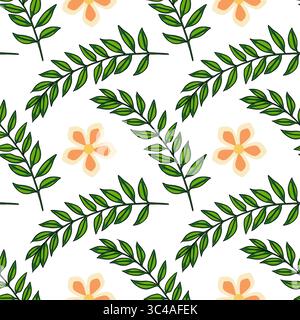 A vector seamless pattern featuring green leaves and soft orange flowers on a white background. The design is vibrant and suitable for textiles or wal Stock Vector