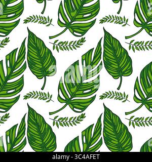 A vector seamless pattern featuring various green tropical leaves on a white background. The design includes large monstera leaves and smaller fern le Stock Vector