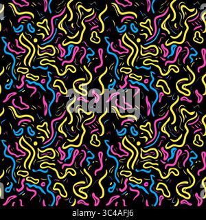 A vector vibrant abstract pattern featuring colorful wavy lines in pink, yellow, and blue against a black background, creating a lively and dynamic vi Stock Vector