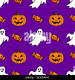 Seamless vector Halloween pattern featuring cheerful jack-o-lanterns, friendly ghosts, and orange candies on a vibrant purple background, perfect for Stock Vector