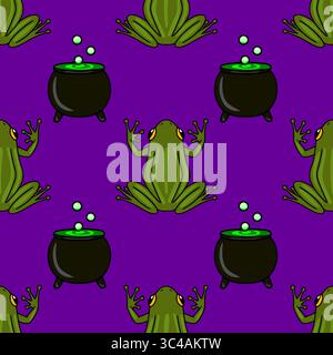 Seamless vector pattern of quirky green frogs and bubbling cauldrons on a vibrant purple background, perfect for Halloween or whimsical designs. Stock Vector