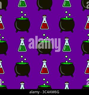 Seamless vector Halloween pattern with cartoon cauldrons, bubbling potions, and conical flasks, featuring vibrant green and red liquids against a deep Stock Vector