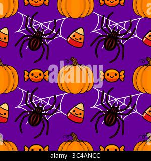 Adorable Halloween Vector Seamless Pattern with Pumpkins, Spiders, Candy Corn, and Candy on Purple Background Stock Vector
