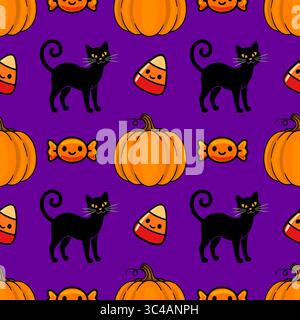 Seamless vector Halloween pattern with cute black cats, pumpkins, candy corn, and wrapped candies on a vibrant purple background, perfect for festive Stock Vector
