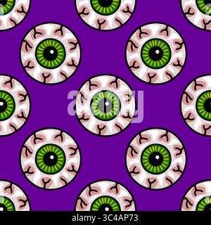 Seamless vector pattern of stylized spooky eyeballs with green irises and pink veins on a purple background, perfect for Halloween designs. Stock Vector