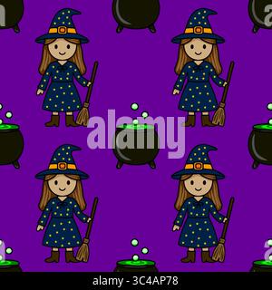 Seamless vector pattern featuring a cute cartoon witch with a broom and a cauldron brewing a green potion on a vibrant purple background, perfect for Stock Vector