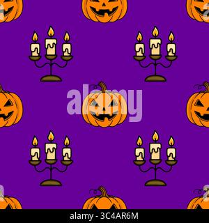 Seamless vector Halloween pattern with carved pumpkins and three-candle candelabra on purple background, perfect for festive design. Stock Vector