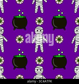 Seamless vector Halloween pattern with cute mummies, bubbling cauldrons, and spooky eyeballs on a vibrant purple background, perfect for festive desig Stock Vector