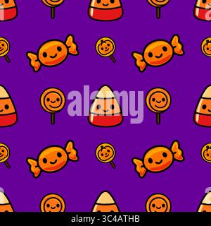 Seamless vector pattern with cute Halloween candy corn, lollipops and wrapped candies on a vibrant purple background, perfect for festive designs. Stock Vector