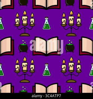 Seamless vector pattern with Halloween elements: a cauldron, a book, candlesticks with burning candles, and a potion bottle, all set against a vibrant Stock Vector