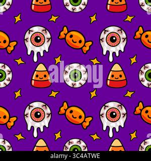 Seamless vector Halloween pattern with cute melting eyeballs, candy corn, and lollipops on a vibrant purple background, perfect for festive designs. Stock Vector