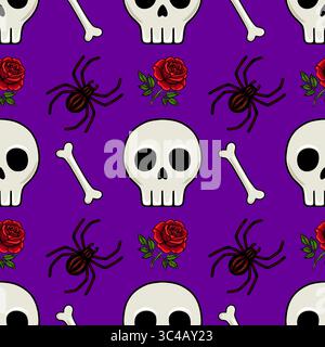 Seamless vector pattern with skulls, spiders, roses, and bones on a purple background, perfect for Halloween or gothic designs. Stock Vector