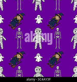 Seamless vector Halloween pattern with cute cartoon mummies, skeletons, witches, and ghosts on a vibrant purple background, perfect for festive design Stock Vector