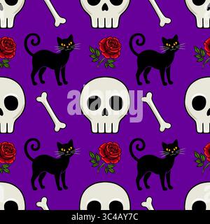 Seamless vector Halloween pattern with skulls, black cats, roses, and bones on a purple background, offering a unique gothic aesthetic for festive des Stock Vector